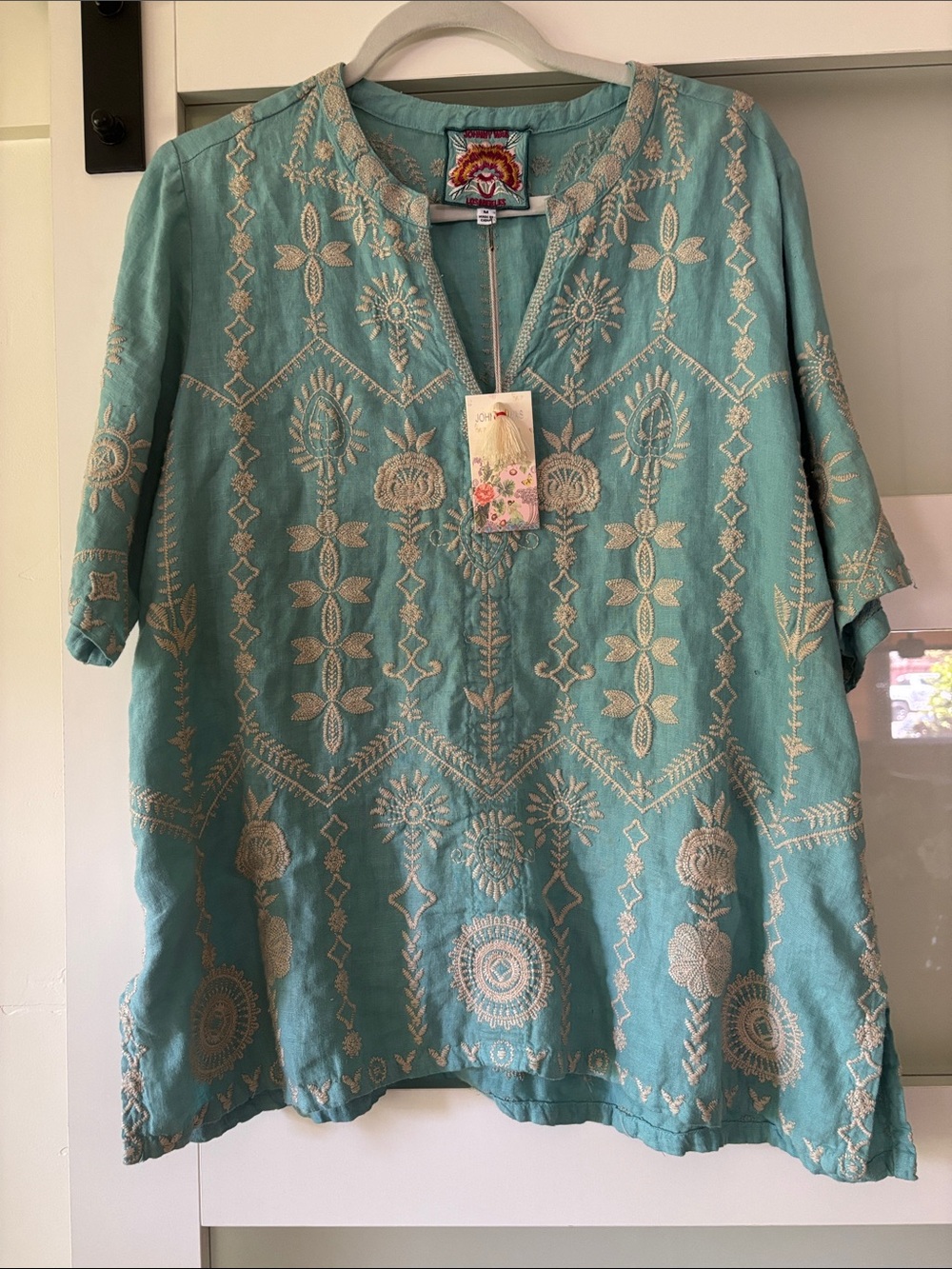 Johnny Was Turquoise Embroidered Blouse with Cream Stitching